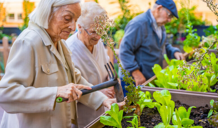 Personnes âgées jardinant dans un EHPAD lieu de vie